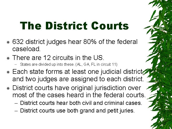 The District Courts 632 district judges hear 80% of the federal caseload. There are