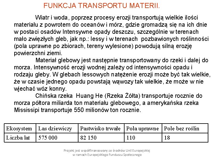 FUNKCJA TRANSPORTU MATERII. Wiatr i woda, poprzez procesy erozji transportują wielkie ilości materiału z