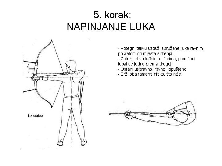  5. korak: NAPINJANJE LUKA - Potegni tetivu uzduž ispružene ruke ravnim pokretom do