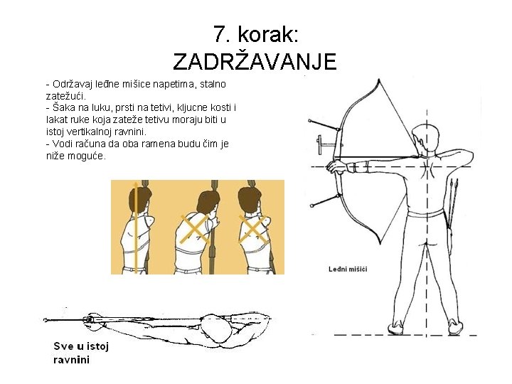 7. korak: ZADRŽAVANJE - Održavaj leđne mišice napetima, stalno zatežući. - Šaka na luku,