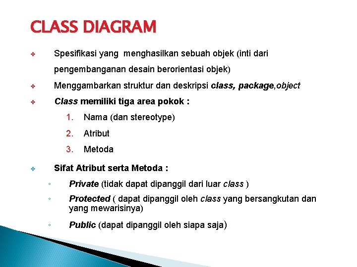 CLASS DIAGRAM Spesifikasi yang menghasilkan sebuah objek (inti dari v pengembanganan desain berorientasi objek)