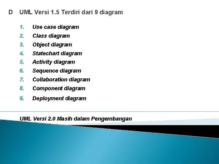 D UML Versi 1. 5 Terdiri dari 9 diagram 1. Use case diagram 2.