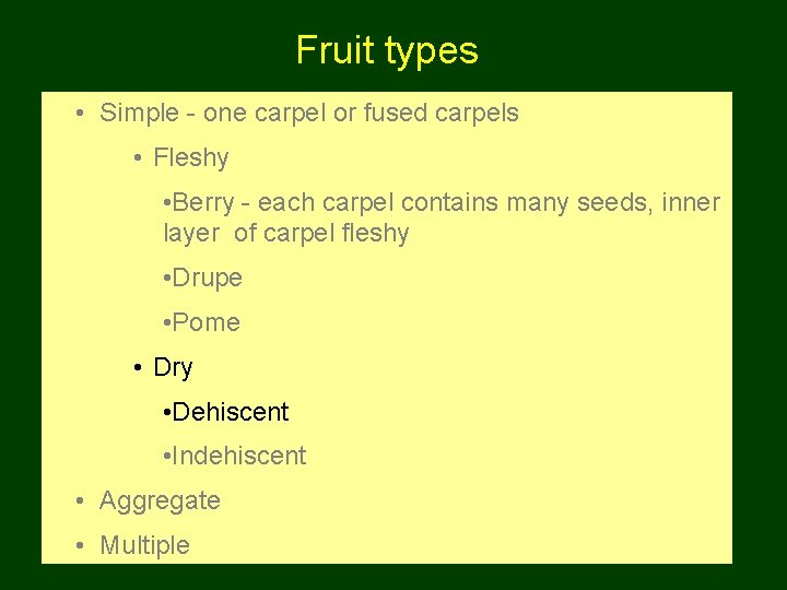 Fruit types • Simple - one carpel or fused carpels • Fleshy • Berry