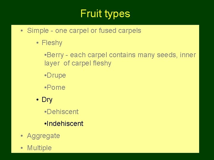 Fruit types • Simple - one carpel or fused carpels • Fleshy • Berry