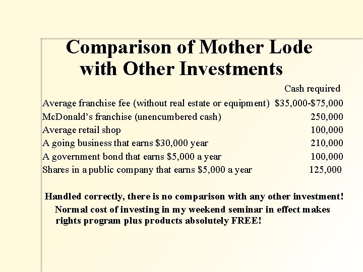 Comparison of Mother Lode with Other Investments Cash required Average franchise fee (without
