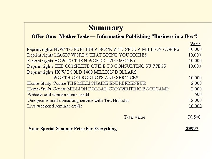 Summary Offer One: Mother Lode — Information Publishing “Business in a Box”! Value Reprint