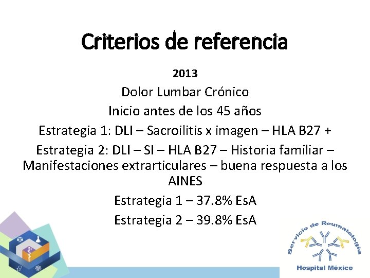 Criterios de referencia 2013 Dolor Lumbar Crónico Inicio antes de los 45 años Estrategia