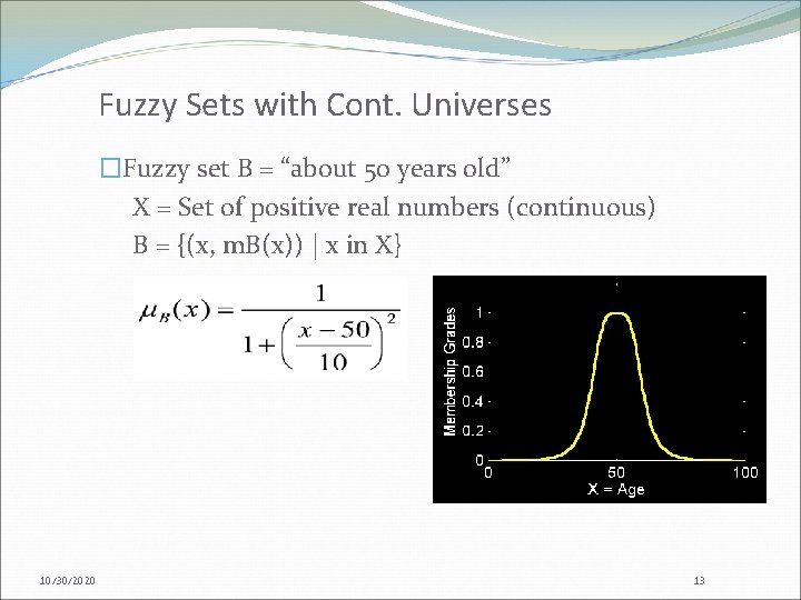 Fuzzy Sets with Cont. Universes �Fuzzy set B = “about 50 years old” X