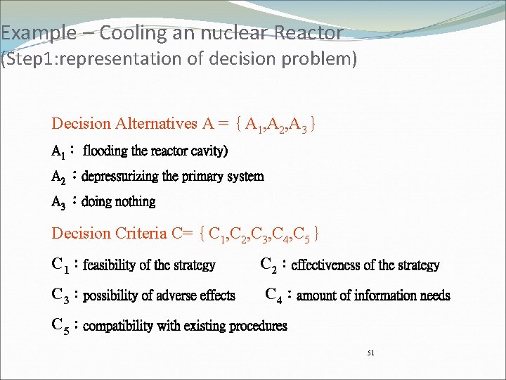 Example – Cooling an nuclear Reactor (Step 1: representation of decision problem) Decision Alternatives
