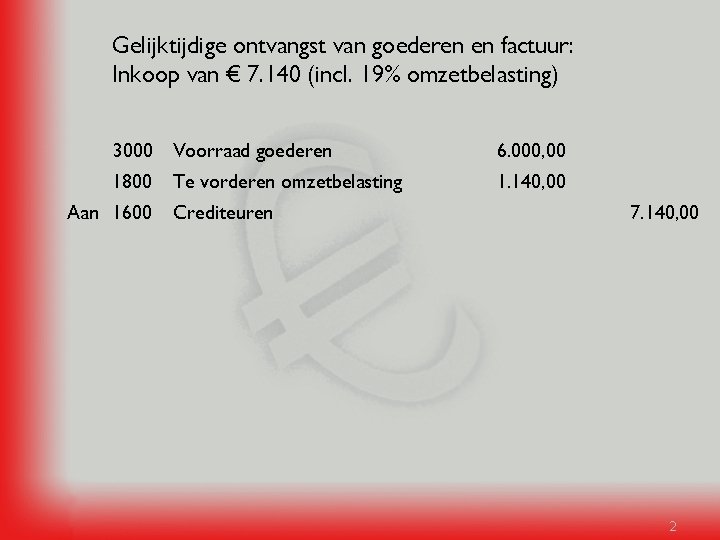 Gelijktijdige ontvangst van goederen en factuur: Inkoop van € 7. 140 (incl. 19% omzetbelasting)