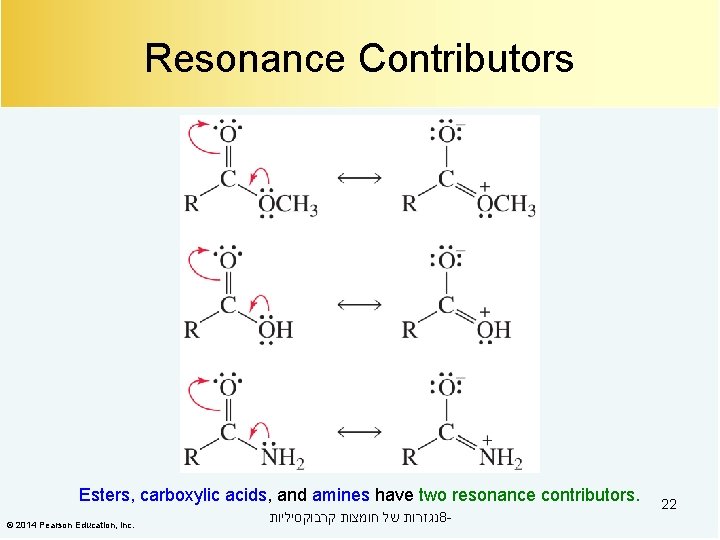 Resonance Contributors Esters, carboxylic acids, and amines have two resonance contributors. © 2014 Pearson