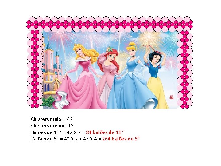 Clusters maior: 42 Clusters menor: 45 Balões de 11” = 42 X 2 =