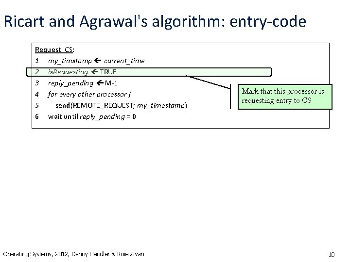 Ricart and Agrawal's algorithm: entry-code Request_CS: 1 my_timstamp current_time 2 is. Requesting TRUE 3
