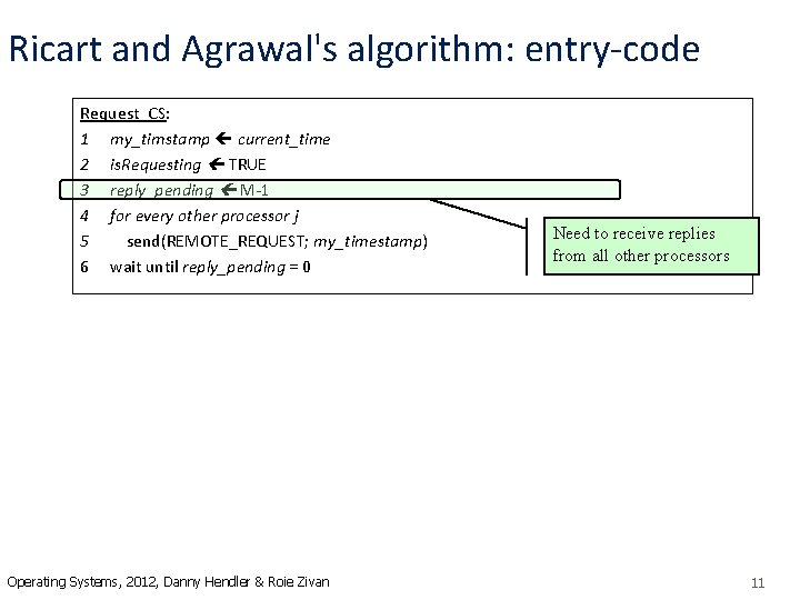 Ricart and Agrawal's algorithm: entry-code Request_CS: 1 my_timstamp current_time 2 is. Requesting TRUE 3