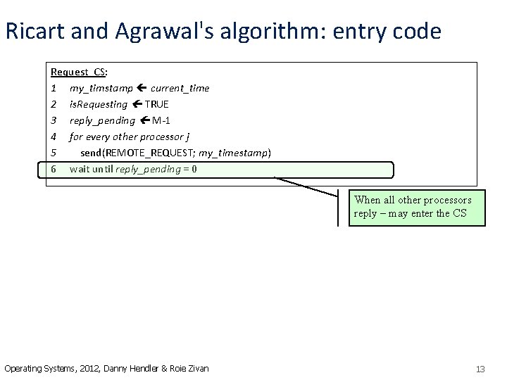 Ricart and Agrawal's algorithm: entry code Request_CS: 1 my_timstamp current_time 2 is. Requesting TRUE