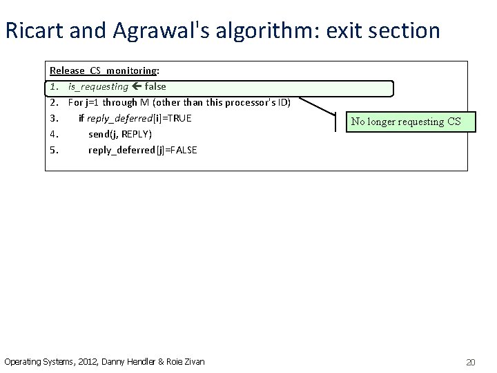 Ricart and Agrawal's algorithm: exit section Release_CS_monitoring: 1. is_requesting false 2. For j=1 through