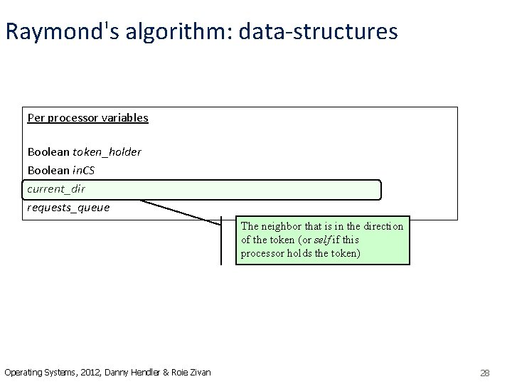 Raymond's algorithm: data-structures Per processor variables Boolean token_holder Boolean in. CS current_dir requests_queue The