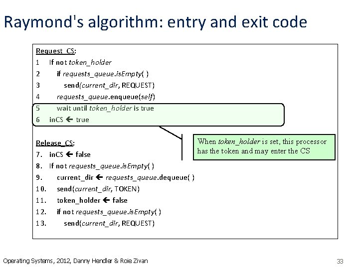 Raymond's algorithm: entry and exit code Request_CS: 1 If not token_holder 2 if requests_queue.