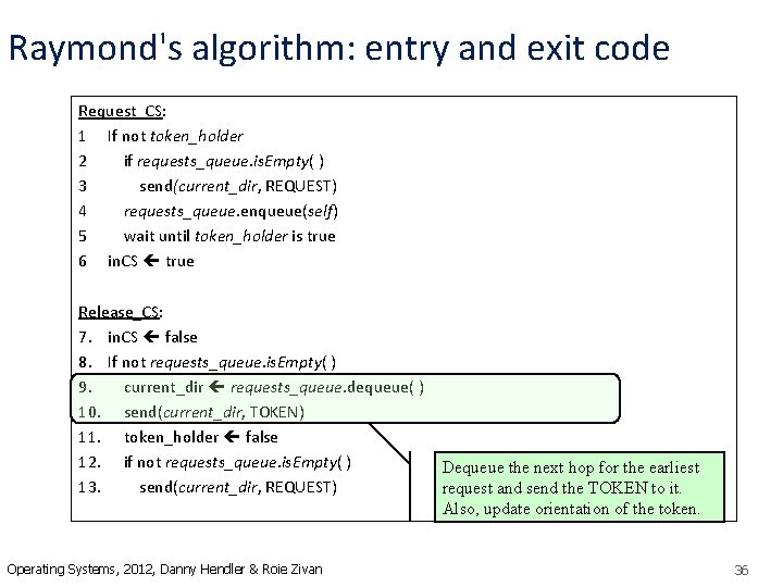 Raymond's algorithm: entry and exit code Request_CS: 1 If not token_holder 2 if requests_queue.