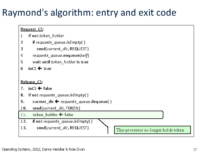 Raymond's algorithm: entry and exit code Request_CS: 1 If not token_holder 2 if requests_queue.