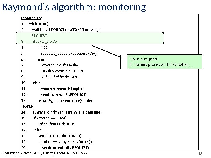 Raymond's algorithm: monitoring Monitor_CS: 1 while (true) 2 wait for a REQUEST or a