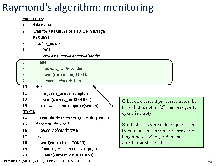 Raymond's algorithm: monitoring Monitor_CS: 1 while (true) 2 wait for a REQUEST or a