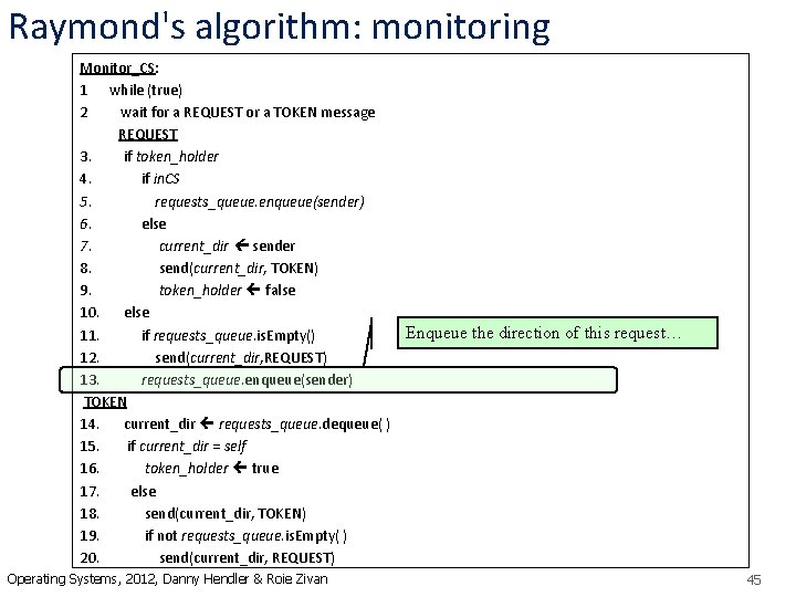 Raymond's algorithm: monitoring Monitor_CS: 1 while (true) 2 wait for a REQUEST or a