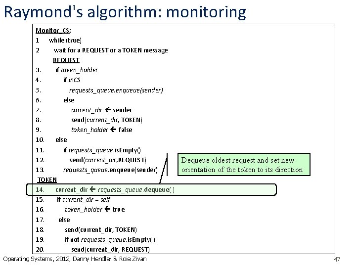 Raymond's algorithm: monitoring Monitor_CS: 1 while (true) 2 wait for a REQUEST or a