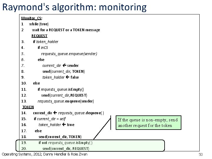 Raymond's algorithm: monitoring Monitor_CS: 1 while (true) 2 wait for a REQUEST or a