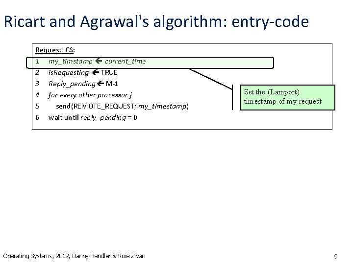 Ricart and Agrawal's algorithm: entry-code Request_CS: 1 my_timstamp current_time 2 is. Requesting TRUE 3