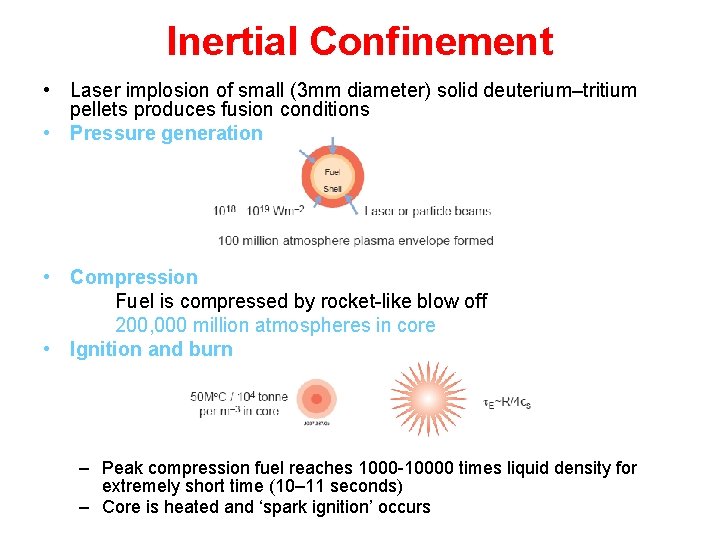 Inertial Confinement • Laser implosion of small (3 mm diameter) solid deuterium–tritium pellets produces