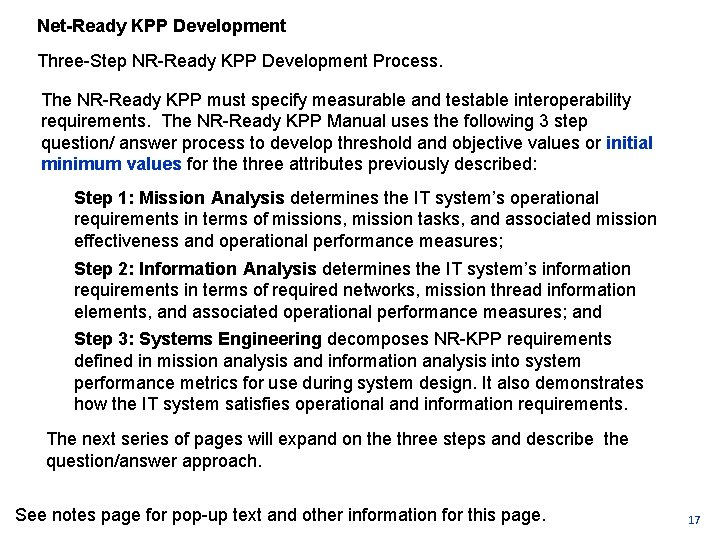Net-Ready KPP Development Three Step NR Ready KPP Development Process. The NR Ready KPP