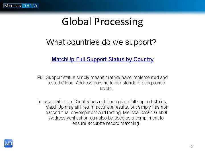 Global Processing What countries do we support? Match. Up Full Support Status by Country