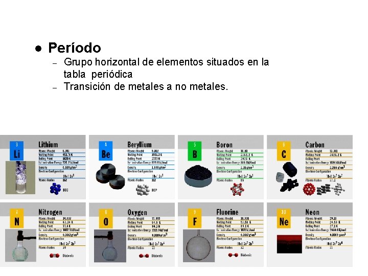 l Período Grupo horizontal de elementos situados en la tabla periódica – Transición de