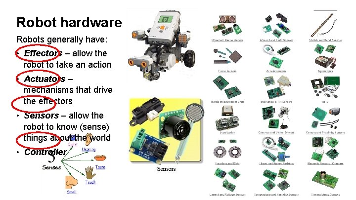 Robot hardware Robots generally have: • Effectors – allow the robot to take an