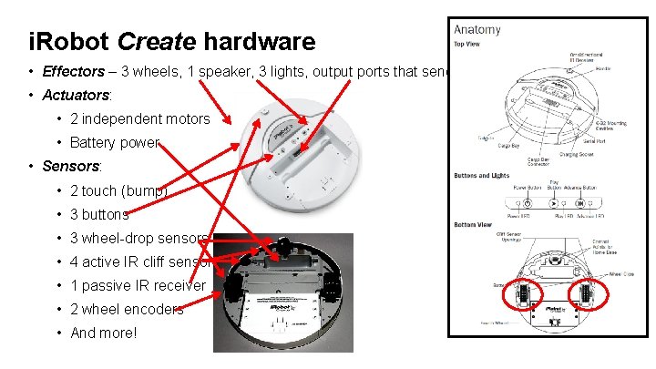 i. Robot Create hardware • Effectors – 3 wheels, 1 speaker, 3 lights, output