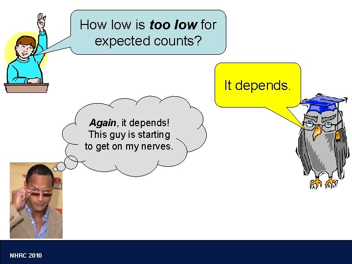 How low is too low for expected counts? It depends. Again, it depends! This