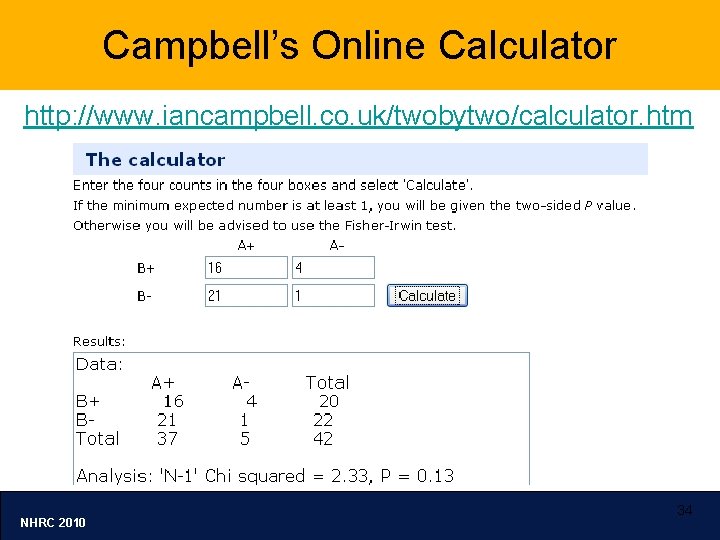 Campbell’s Online Calculator http: //www. iancampbell. co. uk/twobytwo/calculator. htm NHRC 2010 34 