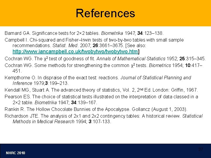 References Barnard GA. Significance tests for 2× 2 tables. Biometrika 1947; 34: 123– 138.