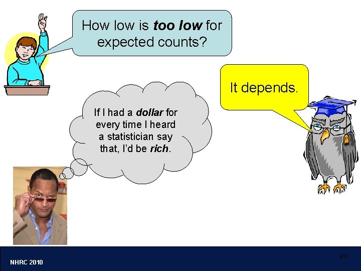 How low is too low for expected counts? It depends. If I had a