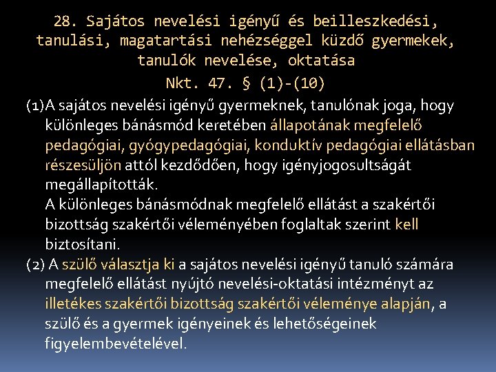 28. Sajátos nevelési igényű és beilleszkedési, tanulási, magatartási nehézséggel küzdő gyermekek, tanulók nevelése, oktatása