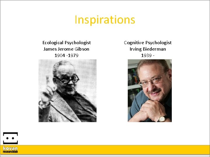 Inspirations Ecological Psychologist James Jerome Gibson 1904 -1979 Cognitive Psychologist Irving Biederman 1939 -