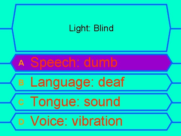 Light: Blind A B C D Speech: dumb Language: deaf Tongue: sound Voice: vibration