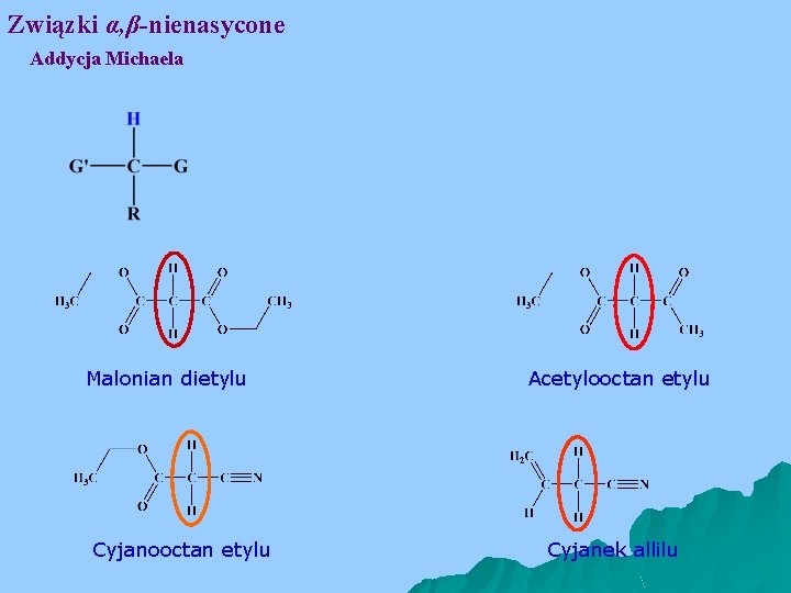 Związki α, β-nienasycone Addycja Michaela Malonian dietylu Cyjanooctan etylu Acetylooctan etylu Cyjanek allilu 