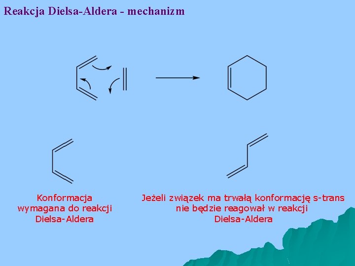 Reakcja Dielsa-Aldera - mechanizm Konformacja wymagana do reakcji Dielsa-Aldera Jeżeli związek ma trwałą konformację