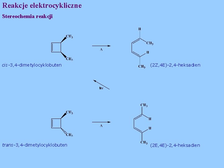 Reakcje elektrocykliczne Stereochemia reakcji cis-3, 4 -dimetylocyklobuten (2 Z, 4 E)-2, 4 -heksadien trans-3,