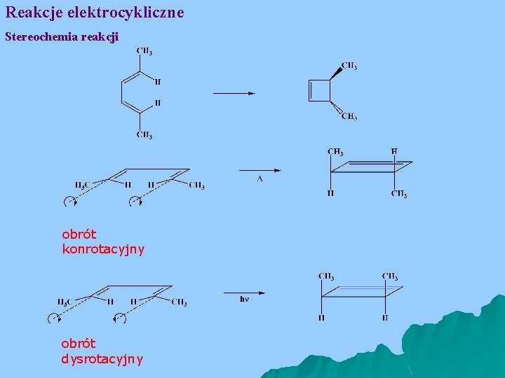 Reakcje elektrocykliczne Stereochemia reakcji obrót konrotacyjny obrót dysrotacyjny 