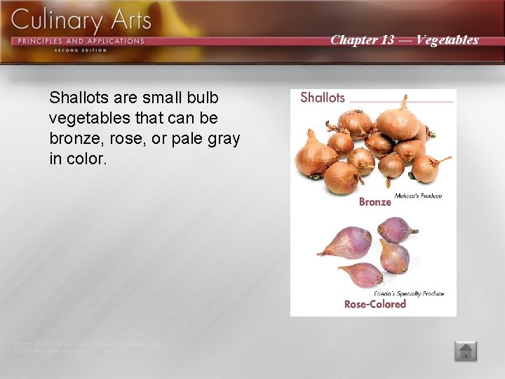 Chapter 13 — Vegetables Shallots are small bulb vegetables that can be bronze, rose,