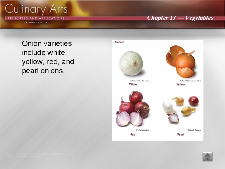 Chapter 13 — Vegetables Onion varieties include white, yellow, red, and pearl onions. 