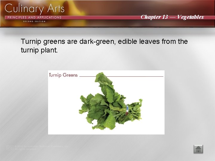 Chapter 13 — Vegetables Turnip greens are dark-green, edible leaves from the turnip plant.